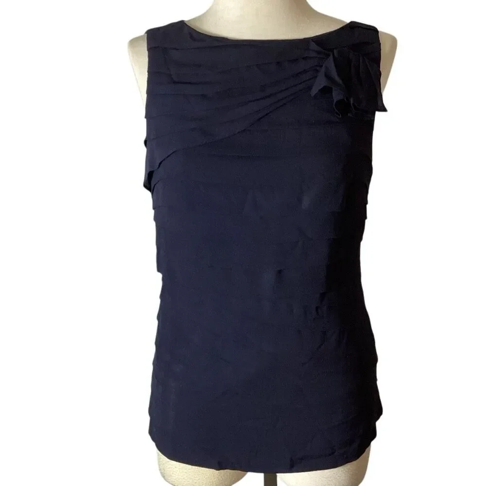 Tory Burch Waltraud 100% Silk Navy Tiered Bow Shell Top Size 8